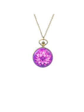 Women's Strada Purple Flower Pocket Watch Necklace One Size Gold Chain